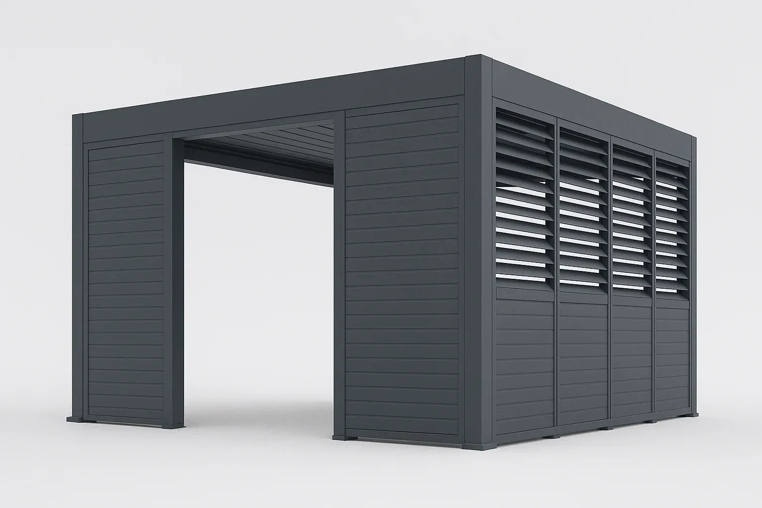 Moderni pergolos konstrukcija su tamsiomis horizontaliomis sienų plokštėmis ir dalinai uždara lameline siena.