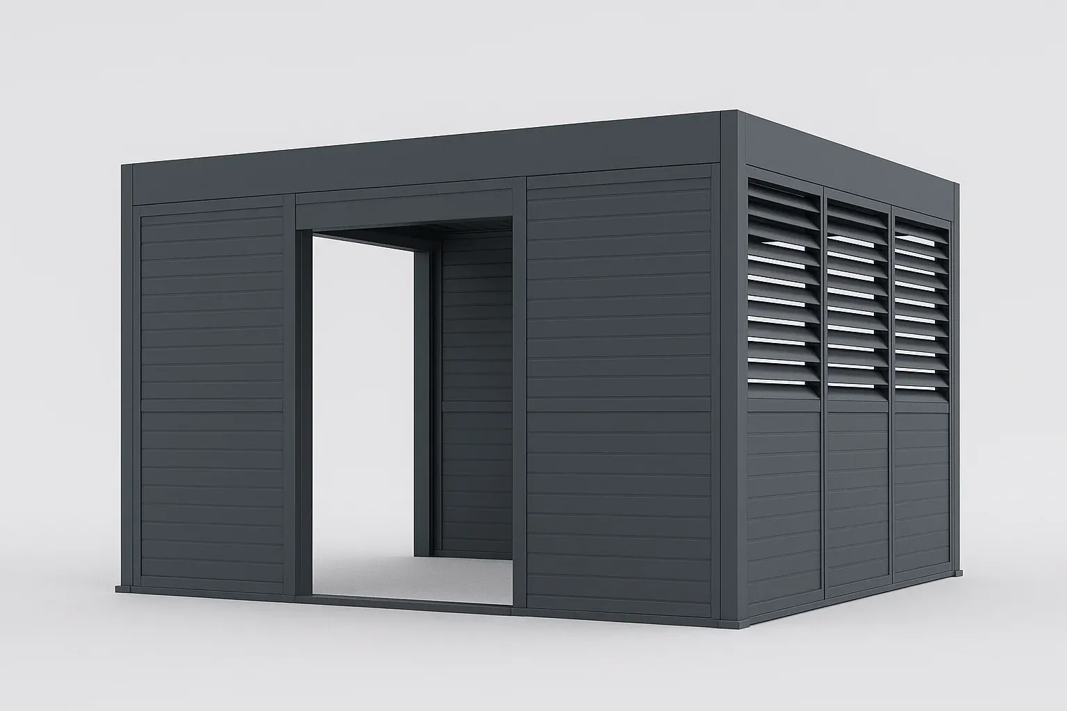 Uždara pergolos tipo konstrukcija su tamsiais horizontaliais fasado skydais ir lamelinėmis ventiliacinėmis sienomis.