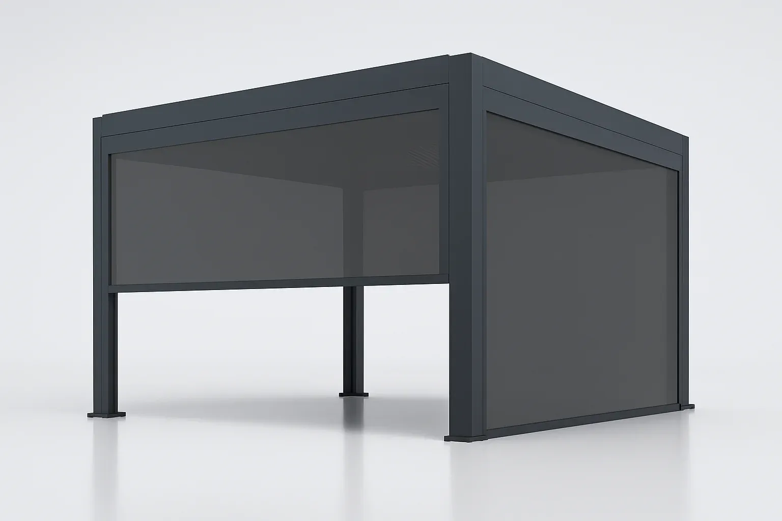 Tamsaus aliuminio pergolos modelis su trimis nuleistomis šoninėmis užuolaidomis neutralios foninės aplinkos vizualizacijoje.