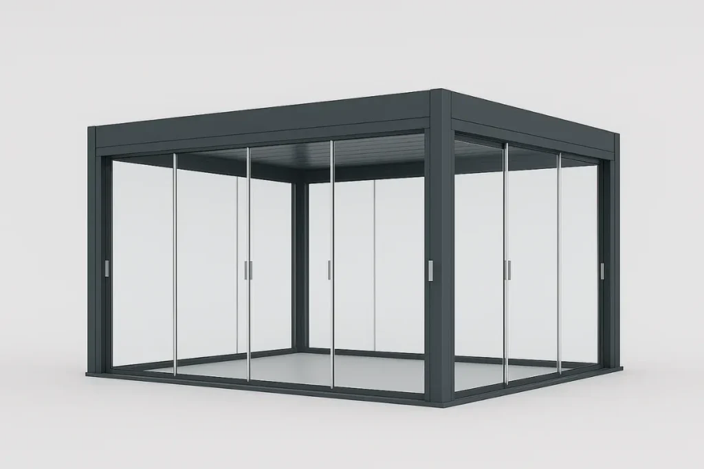 Aliuminio pergolos modelis su pilnai stiklinėmis slankiosiomis sienomis ir horizontaliu stogu, parodytas baltame fone.