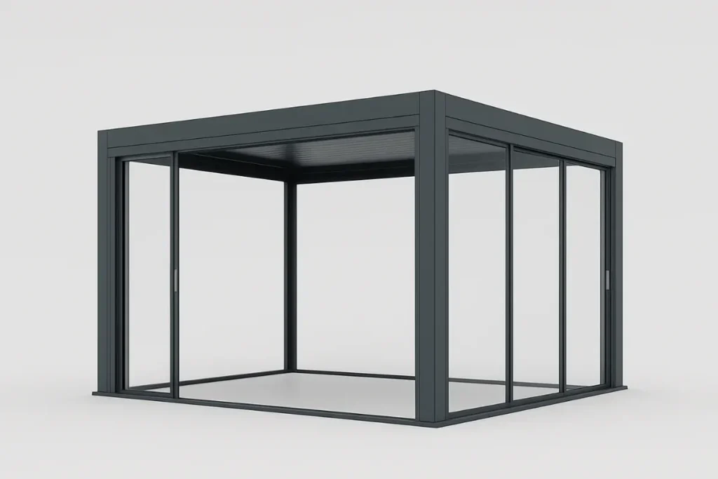 Stiklinė pergola su stumdomomis durimis ir tamsaus aliuminio konstrukcija, vizualizuota šviesiame fone.